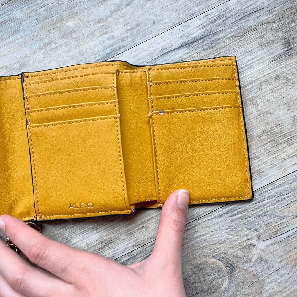 ALDO Leather Wallet Orange Brown Colorblock Chain Accent Compact Chic Fold